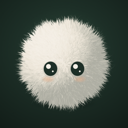 Fluff app icon: a cream fur ball with eyes on dark green